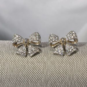 Earrings Large Bow Gold Tone with Rhinestones-OS